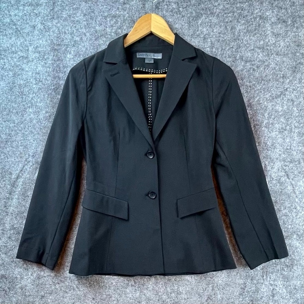 Teenflo Blazer Jacket Womens 2 Black Stretch Classic Notch Lapel Single Breasted